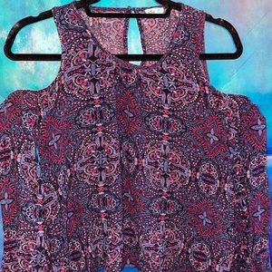 Purple and pink tone floral shoulder cut out blouse with flared arms